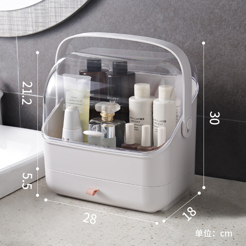 Clear plastic bathroom organizer with handle and drawer for skincare and toiletries, 28x18x30cm