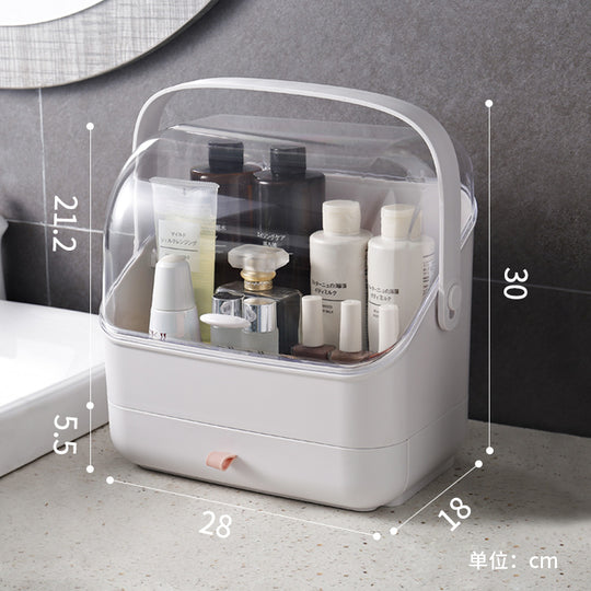 Clear plastic bathroom organizer with handle and drawer for skincare and toiletries, 28x18x30cm