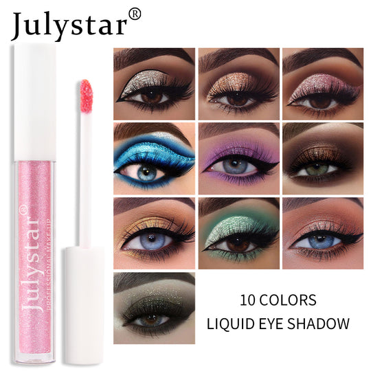 Julystar liquid eye shadow set featuring 10 glittery eyeshadow colors and applicator wand.