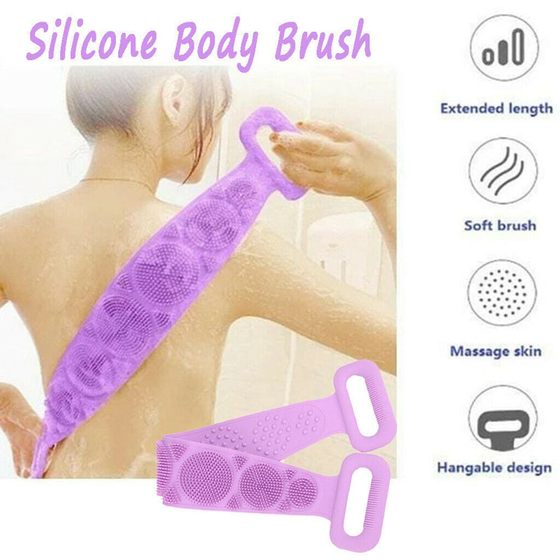 Woman using purple silicone body brush belt on her back