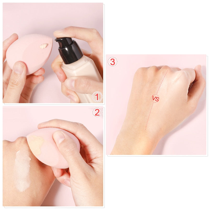 Step-by-step guide on applying liquid foundation using a pink makeup blending sponge.