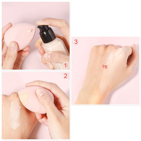 Step-by-step guide on applying liquid foundation using a pink makeup blending sponge.