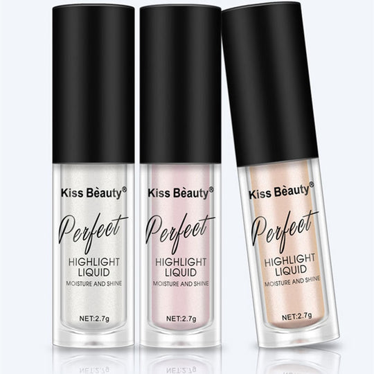 Three shades of Kiss Beauty Perfect Highlight Liquid in clear bottles with black caps.