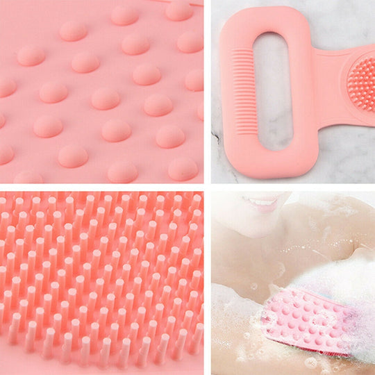 Close-up of pink silicone body brush belt bristles, handle, and in use