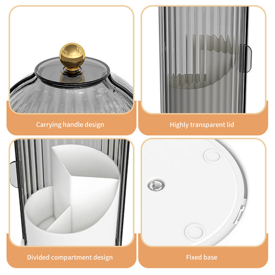 Features of a clear ribbed storage container with a gold knob lid, divided compartments, and a fixed base.