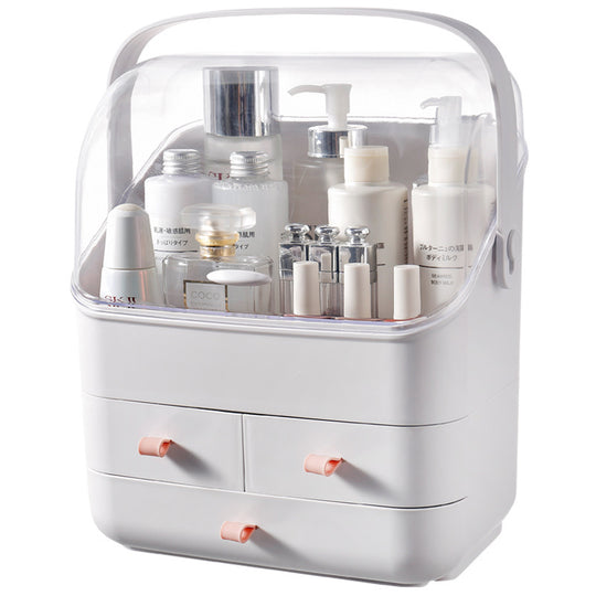 White plastic skincare organizer with transparent lid and three small storage drawers.