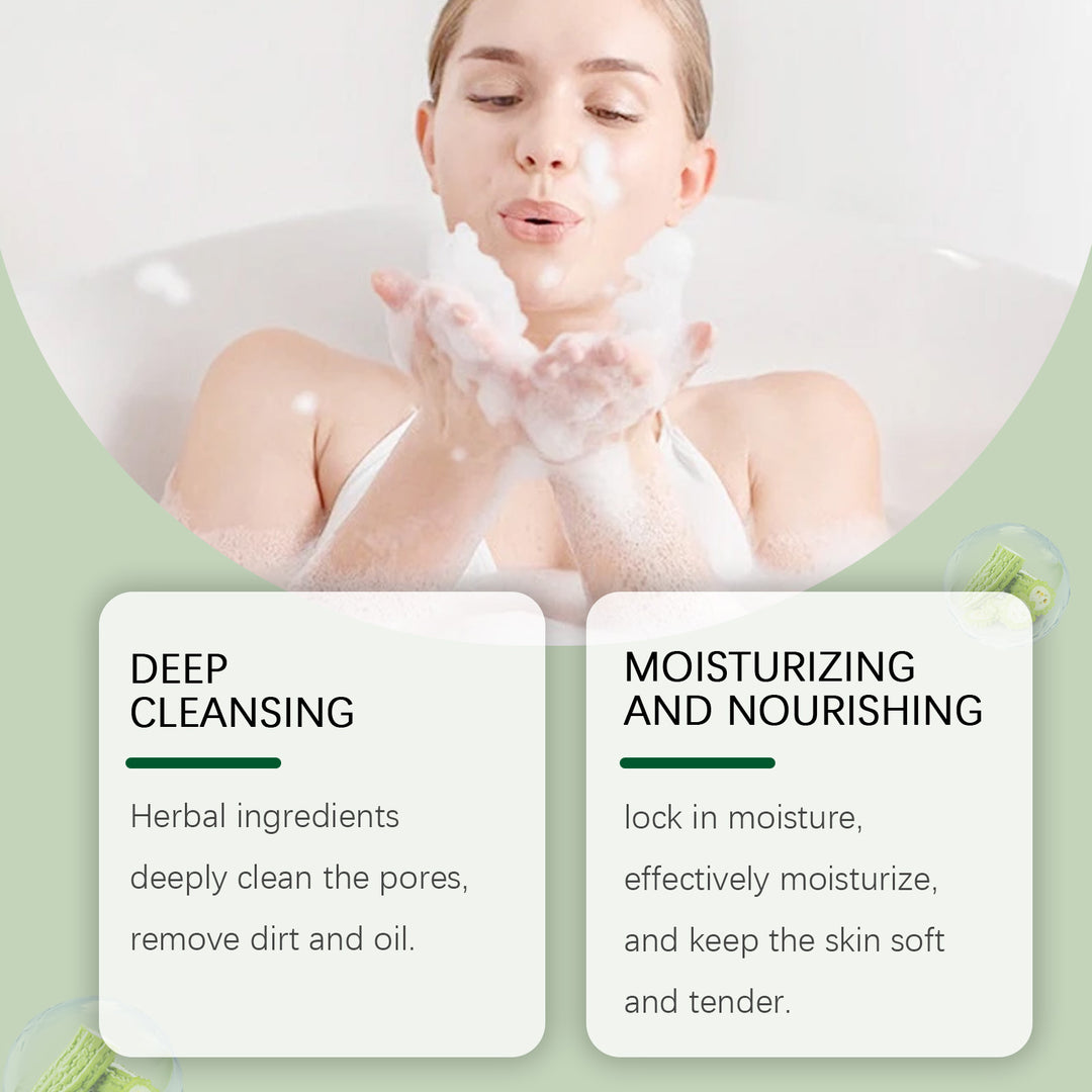 Woman blowing soap lather with deep cleansing and moisturizing benefits text