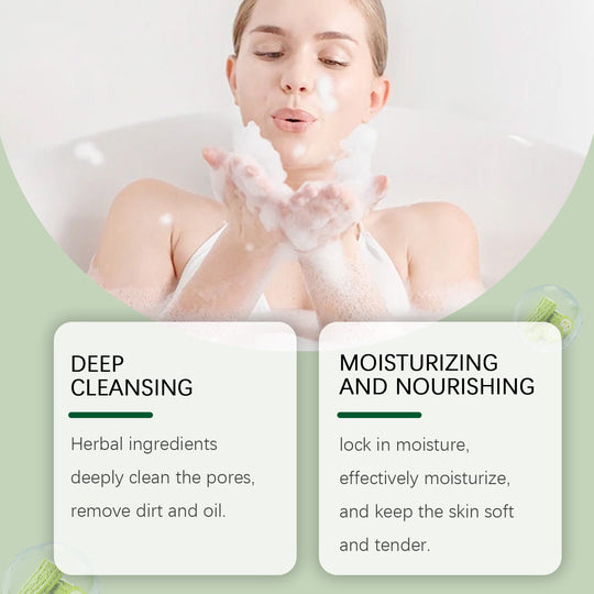 Woman blowing soap lather with deep cleansing and moisturizing benefits text
