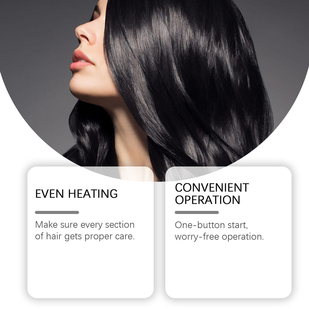 Woman with shiny black hair and text highlighting even heating and convenient operation