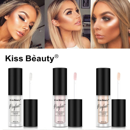 Kiss Beauty Perfect Highlight Liquid makeup set with before and after application photos.