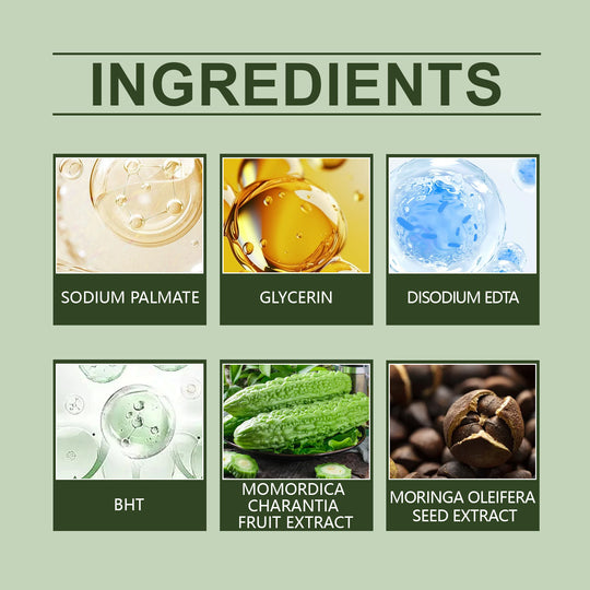 Key ingredients of bitter melon soap including bitter melon and moringa extracts