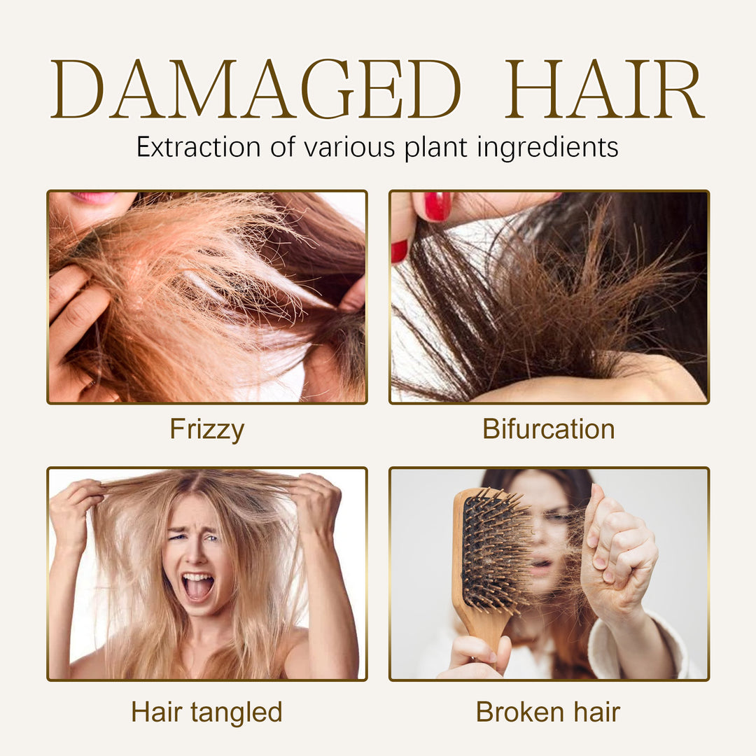 Collage of damaged hair types: frizzy, split ends, tangled, and broken hair