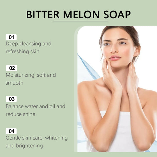 Benefits of bitter melon soap with model touching face