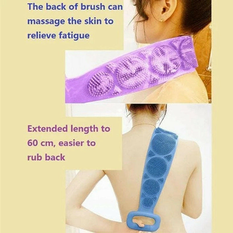 Person scrubbing their back with a long purple and blue silicone brush belt