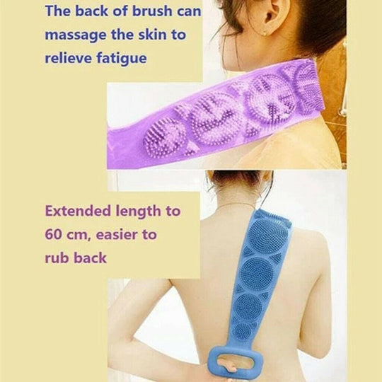 Person scrubbing their back with a long purple and blue silicone brush belt