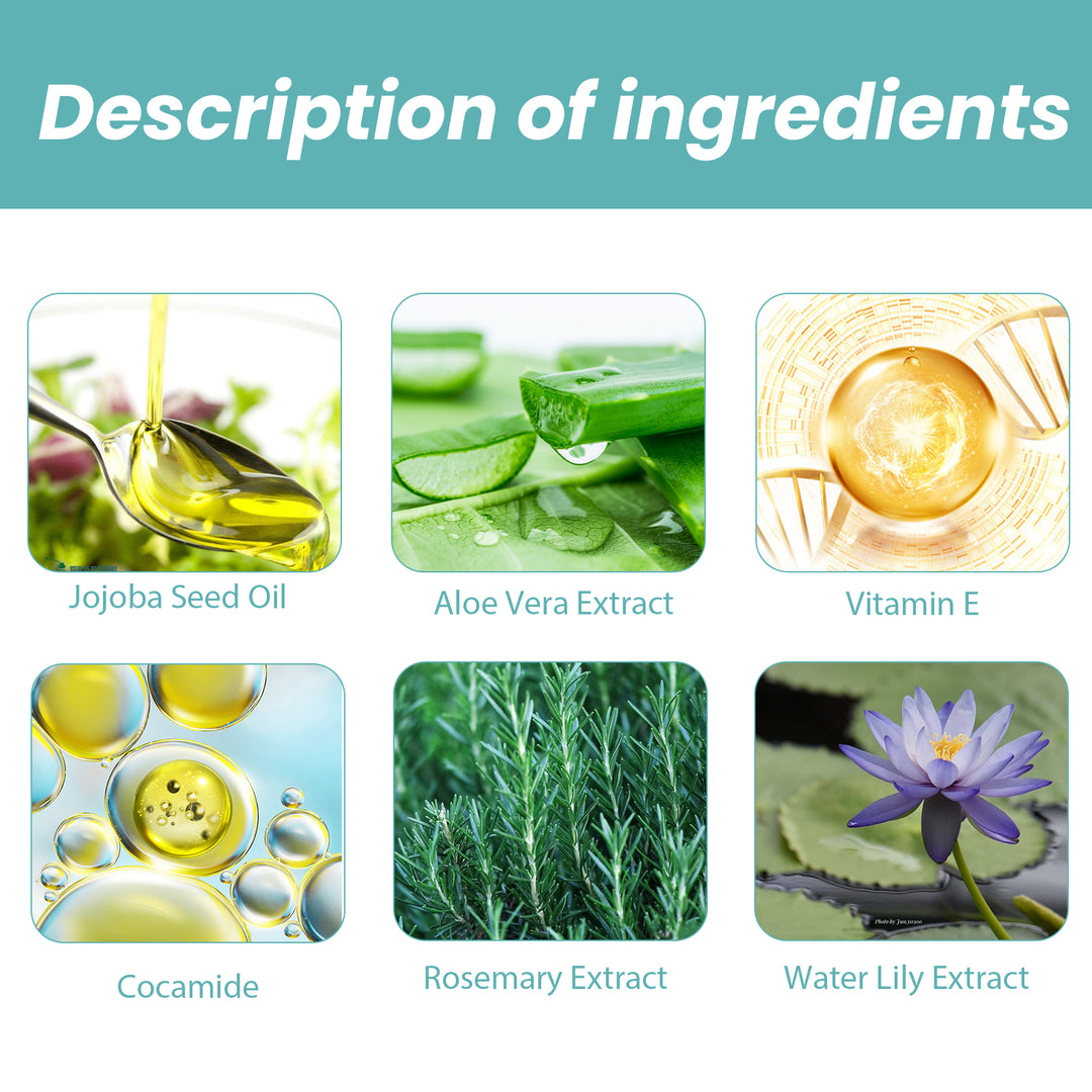 Natural bath oil ingredients: jojoba oil, aloe vera, vitamin E, cocamide, rosemary, water lily