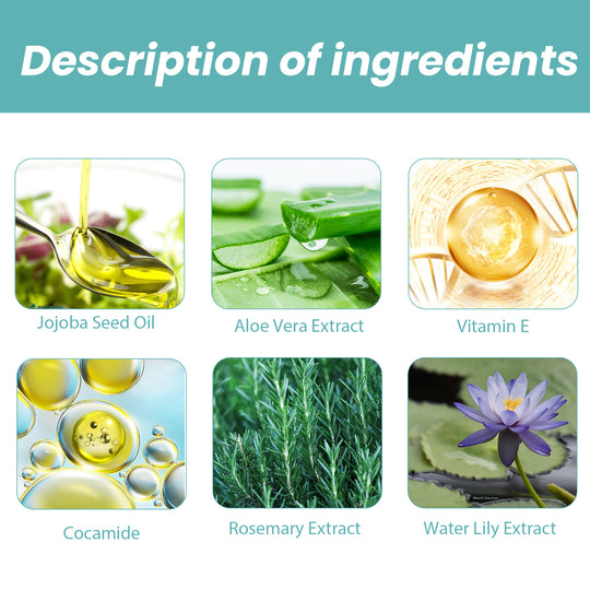 Natural bath oil ingredients: jojoba oil, aloe vera, vitamin E, cocamide, rosemary, water lily