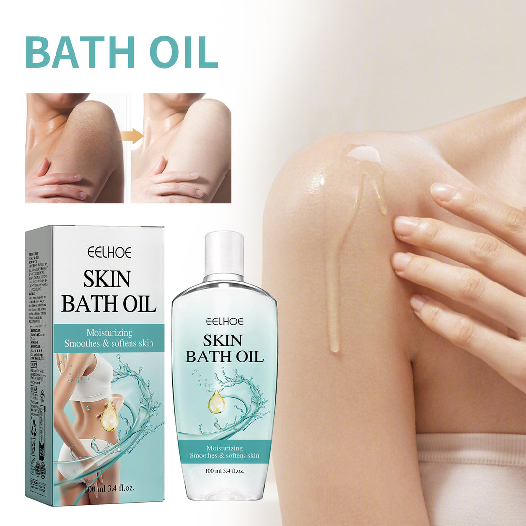 EELHOE Skin Bath Oil being applied to a shoulder, before and after skin effect