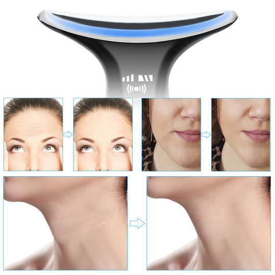 LED facial lifting device showing before and after skin tightening results for forehead and neck.