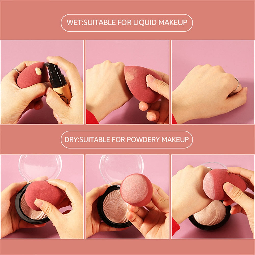 Demonstration of using a pink makeup sponge for wet liquid and dry powder makeup application.