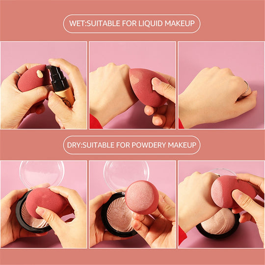 Demonstration of using a pink makeup sponge for wet liquid and dry powder makeup application.