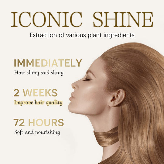 Woman with shiny hair and text outlining immediate and long-term hair benefits