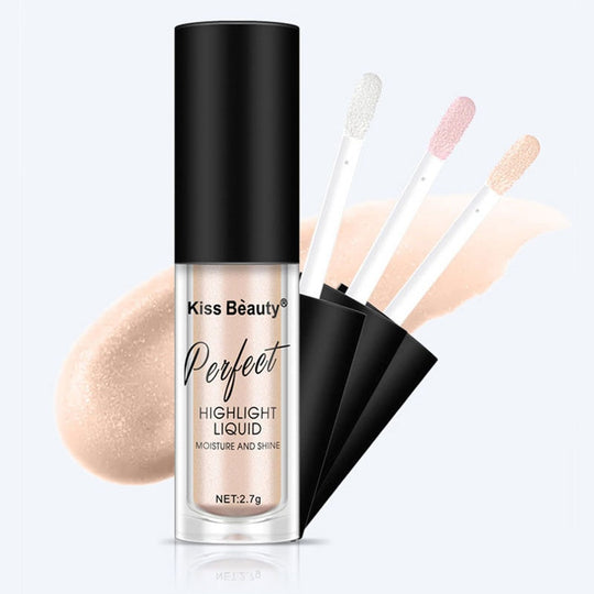 Kiss Beauty Perfect Highlight Liquid with three applicator wands and shimmering product swatches.