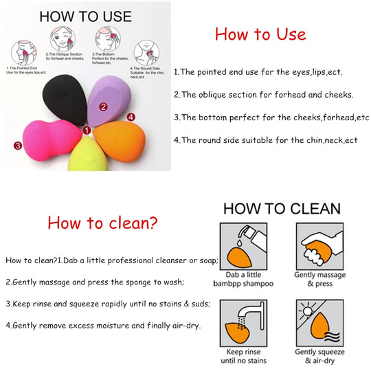 Instructional guide on how to use and clean makeup beauty blender sponges.