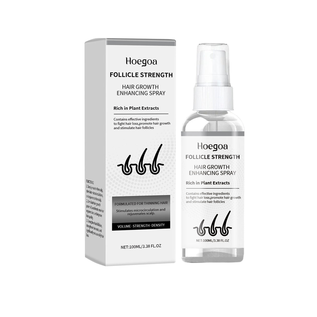 Hoegoa Follicle Strength Hair Growth Enhancing Spray in bottle and packaging