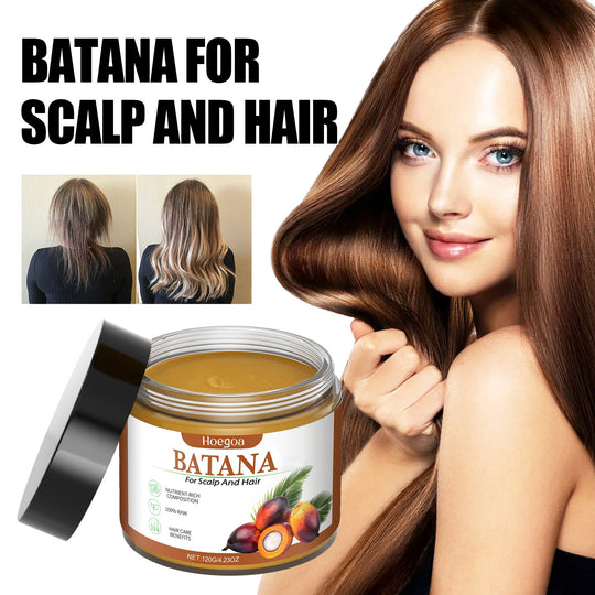 Batana scalp and hair oil jar with before and after hair results and model with shiny hair