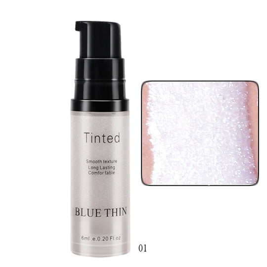 Blue Thin Tinted liquid cosmetic bottle with a texture swatch of the product