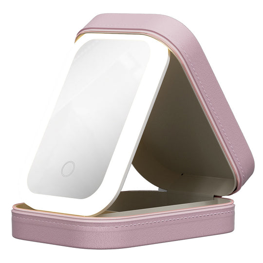 Pink leather travel makeup case with built-in LED lighted mirror