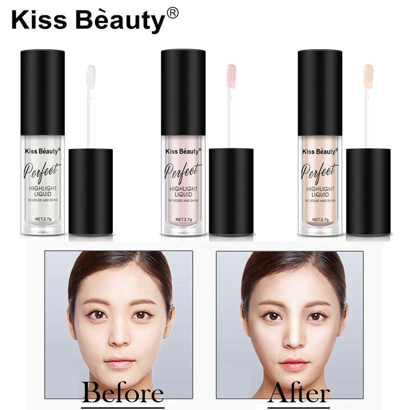 Kiss Beauty Perfect Highlight Liquid in three shades with before and after application photos.