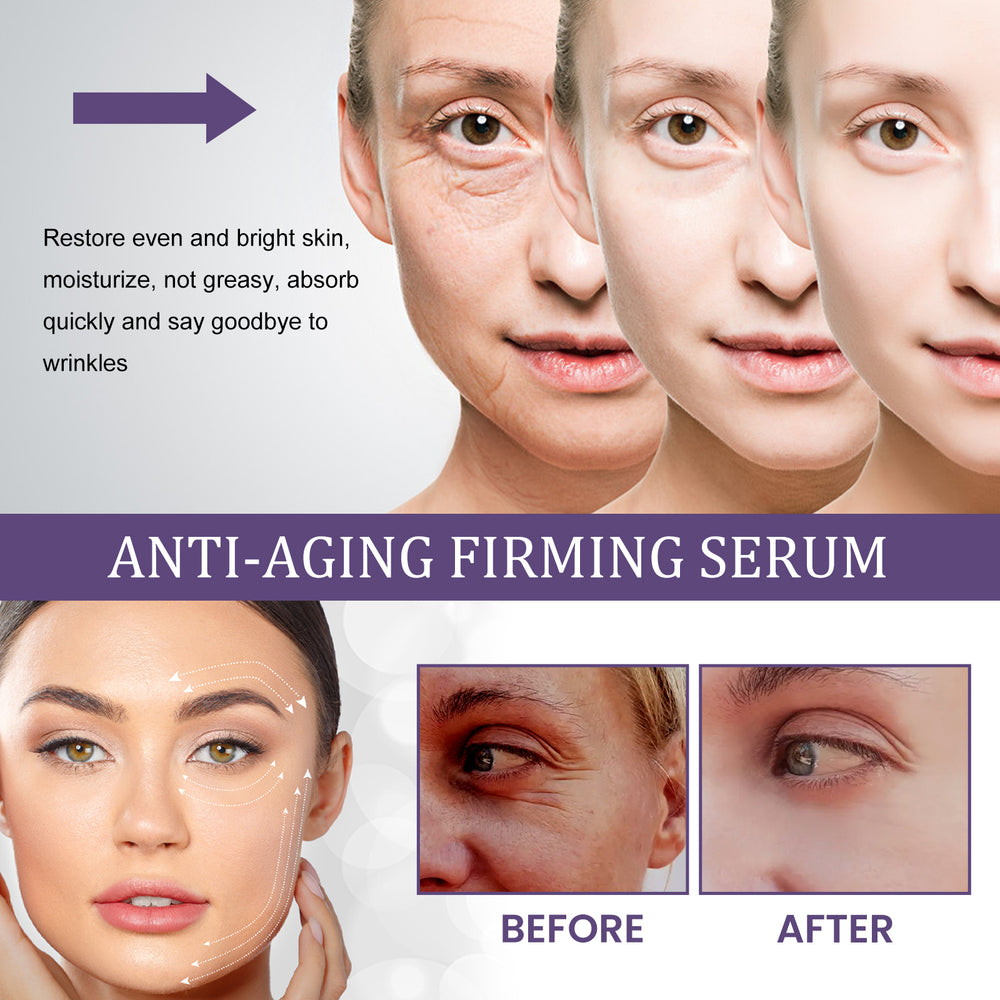 Anti-aging firming serum before and after comparison showing skin wrinkle reduction.