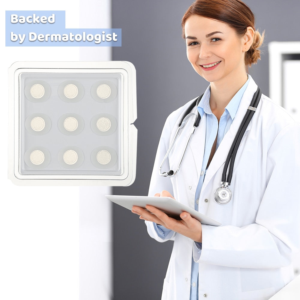 Female dermatologist with a stethoscope holding a tablet next to a skincare LED device.