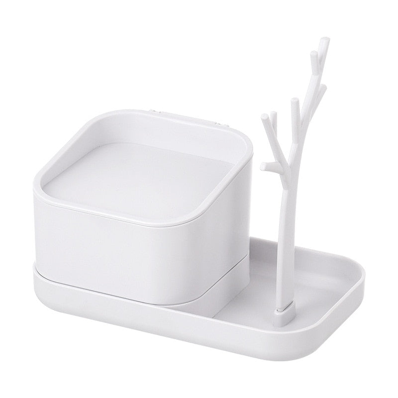 White minimalist desk organizer with a jewelry tray and a tree-shaped ring holder