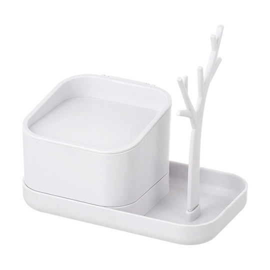 White minimalist desk organizer with a jewelry tray and a tree-shaped ring holder