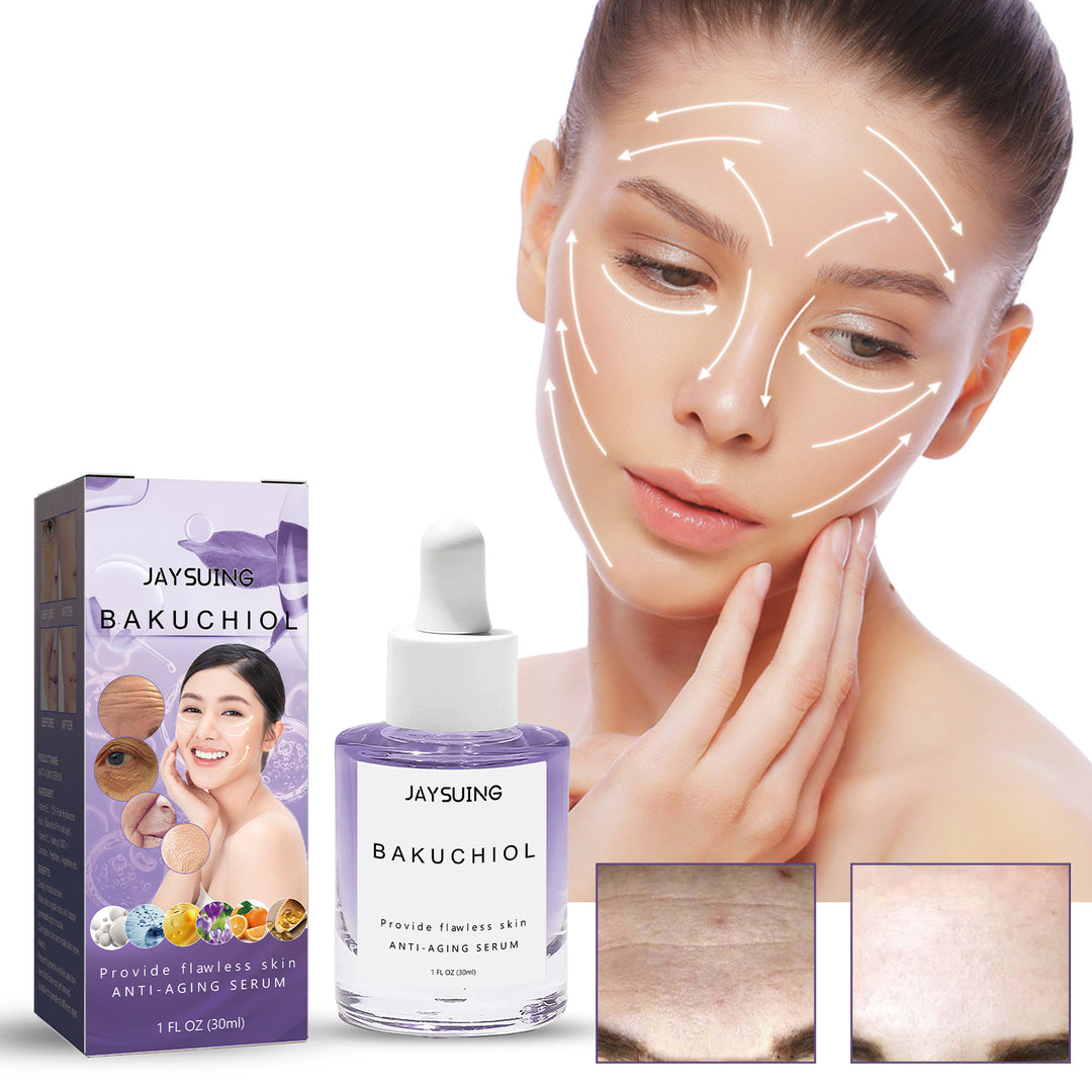 Jaysuing Bakuchiol anti-aging serum bottle and box with facial lifting massage demonstration.
