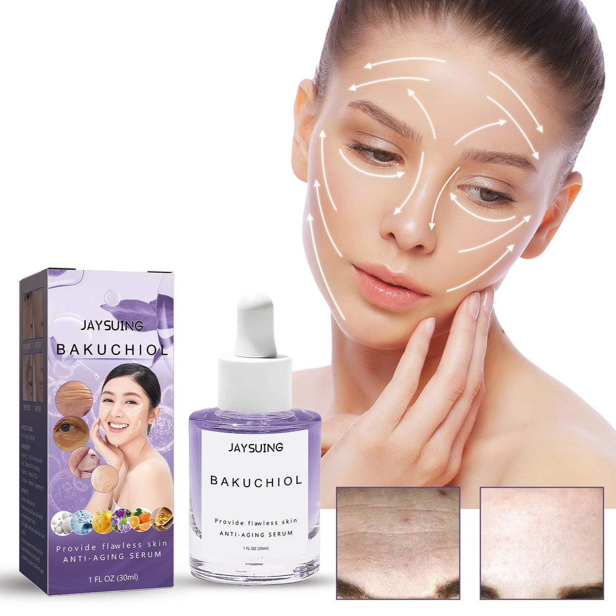 Jaysuing Bakuchiol anti-aging serum bottle and box with facial lifting massage demonstration.