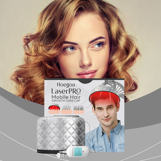LaserPRO Mobile Hair Growth Care Cap in front of woman with voluminous hair