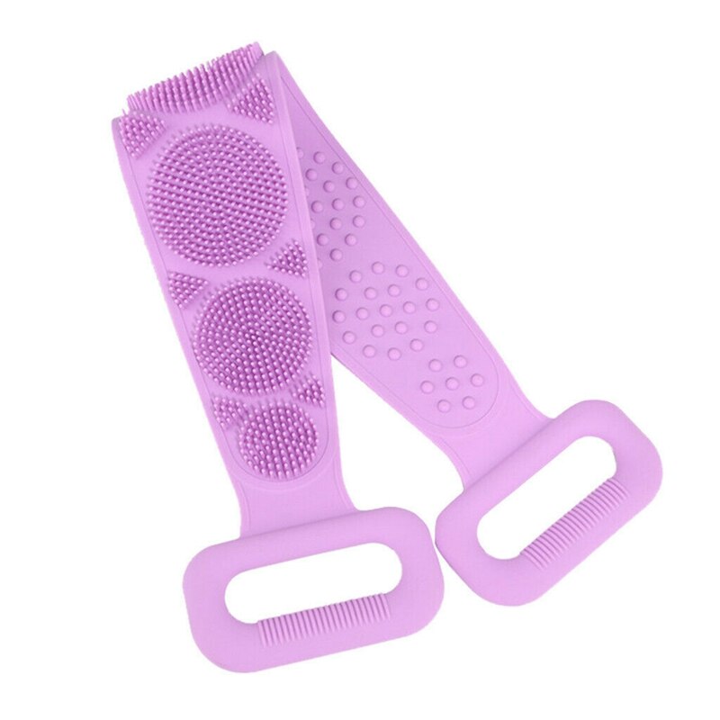 Purple silicone exfoliating body brush belt with ergonomic handles
