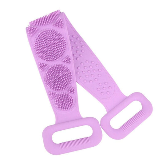 Purple silicone exfoliating body brush belt with ergonomic handles