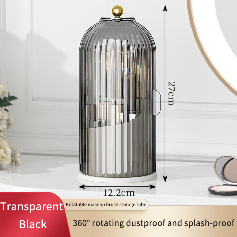 Black transparent rotatable makeup brush storage tube, 27cm tall dustproof organizer.