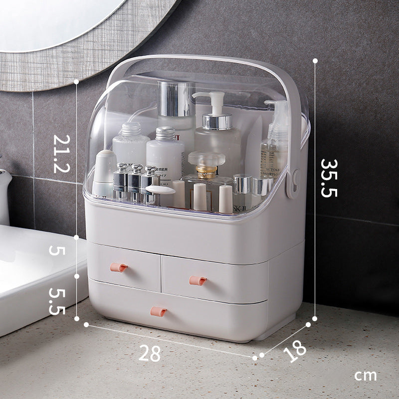 White multi-layer bathroom organizer with clear lid and drawers for skincare products.