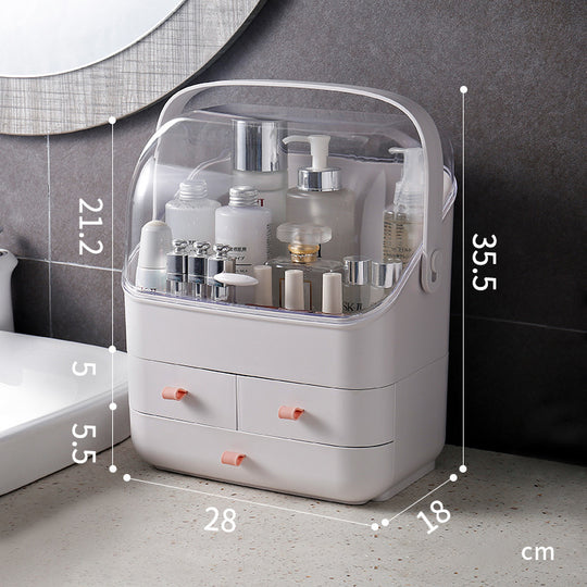 White multi-layer bathroom organizer with clear lid and drawers for skincare products.