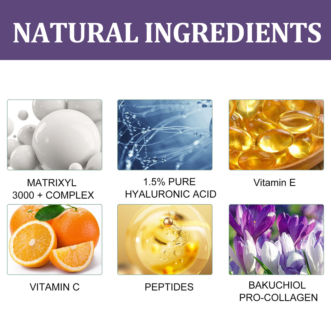 Natural skincare ingredients including Matrixyl 3000, hyaluronic acid, Vitamin E, C, and Bakuchiol.