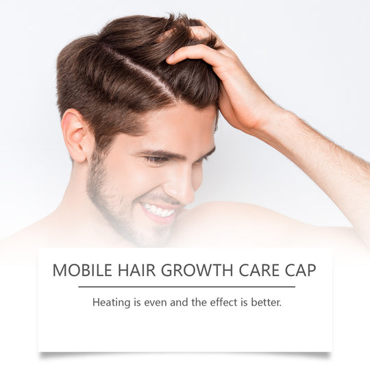 Man with healthy hair and text describing mobile hair growth care cap benefits