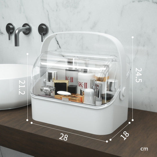 White plastic cosmetic organizer with clear lid and handle, measuring 28x18x24.5 cm.