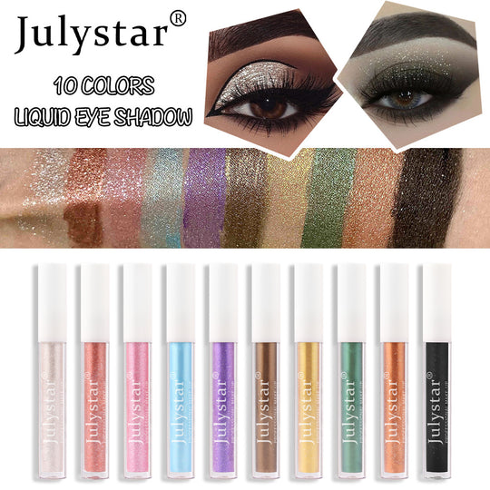 Julystar 10 colors liquid eye shadow set with glitter swatches and eye makeup application.