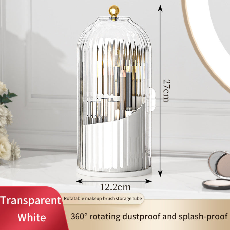 Transparent white 360 rotating makeup brush storage tube with a glass dome lid
